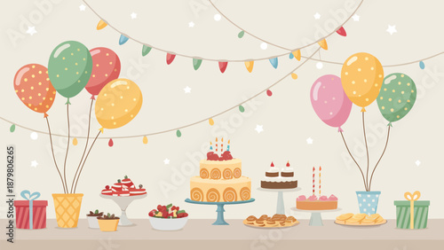 Vibrant birthday party spread with cakes, balloons, and gifts