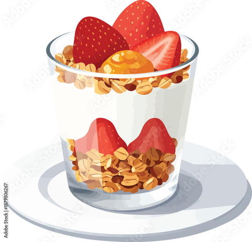 Strawberry yogurt parfait with granola and honey in a glass cup — healthy breakfast illustration ideal for nutrition apps, meal prep guides, vegan recipes, fitness blogs, and clean eating branding wit