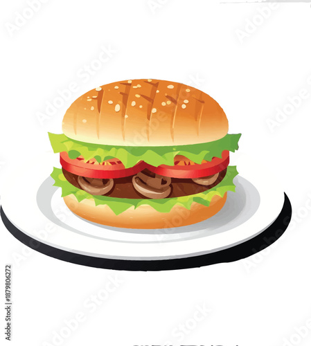 Juicy beef burger with lettuce, tomato, and mushrooms on a sesame seed bun — appetizing fast food illustration perfect for restaurant menus, delivery apps, snack branding, lunch content, and casual di
