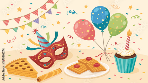 Vibrant birthday celebration scene with festive decorations and treats