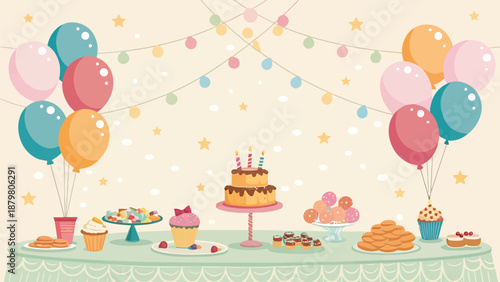 Vibrant birthday party table with cake and colorful balloons