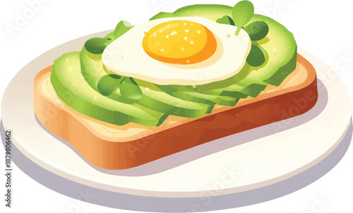 Avocado toast with sunny-side-up egg and microgreens — trendy healthy breakfast illustration ideal for brunch menus, food blogs, vegan cafes, nutrition apps, and clean eating content featuring plant-b