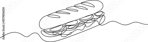 Baguette sandwich line icon banner, fast food snack lunch outline illustration for cafe menu