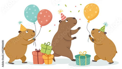 Three capybaras celebrating a birthday with balloons and gifts