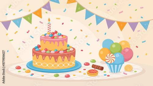 Vibrant birthday celebration with colorful cake and candies