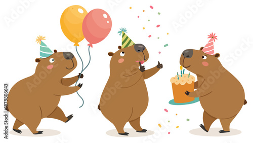Three capybaras celebrating a birthday with balloons and cake