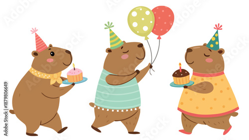 Three capybaras celebrating a birthday with cake and balloons