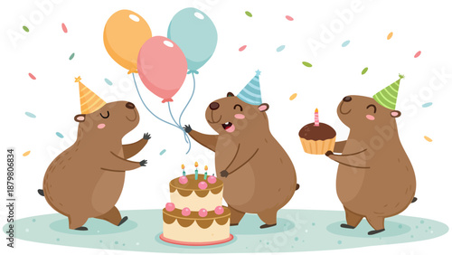 Three capybaras celebrating a birthday with cake and balloons