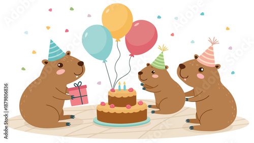 Three beavers celebrate birthday with cake and balloons