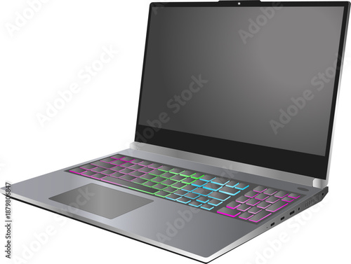 High-end gaming laptop isometric vector illustration with colorful RGB backlit keyboard and modern design