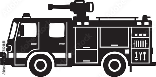 Black and white fire truck with equipment and tools