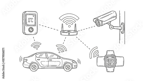 A car and security devices connected via wireless signals to a remote control