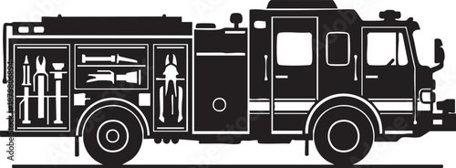 Black and White Fire Truck with Equipment Silhouettes