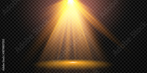 Gold spotlight background with yellow ray effects and golden glow beams. Abstract burst or glitter flare for stage designs. Transparent halo projection or award show gleam for event backdrops.