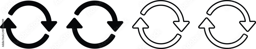 Obraz premium Circular refresh arrows icon set representing reload update sync rotation cycle process symbols minimal vector illustration