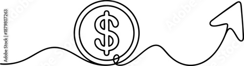 Dollar coin with upward arrow line icon banner, profit growth finance investment outline concept