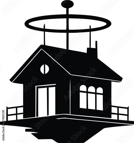 Futuristic flying cottage icon with rotating antenna and floating platform for smart living technology concept.