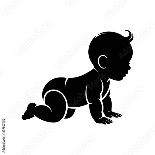 Vector illustration, isolated icon black silhouette of a crawling baby, small child in profile for baby product design, pediatrics and baby development infographics.
