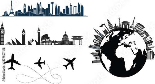 Global travel vector collection featuring world landmarks, famous city skylines, airplanes, earth globe, and tourism icons for international vacation planning.