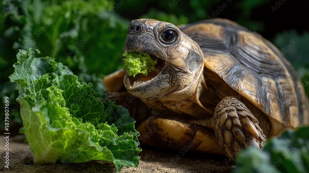 Obraz premium Tortoise Enjoys Fresh Leaf: A close-up captures a tortoise with its captivating gaze enjoying a crisp, fresh leaf, emphasizing its unique shell and gentle nature.