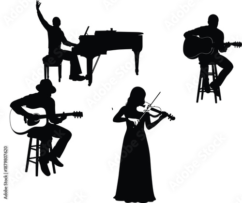 Musical Musician Silhouettes Collection Featuring Grand Piano Player Acoustic Guitarists and Violinist Woman Performing Classical Jazz and Live Instrumental Concert Music