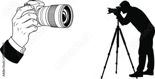 Professional photographer holding DSLR camera and silhouette of cameraman using tripod for studio photography, outdoor photoshoot, and creative media production