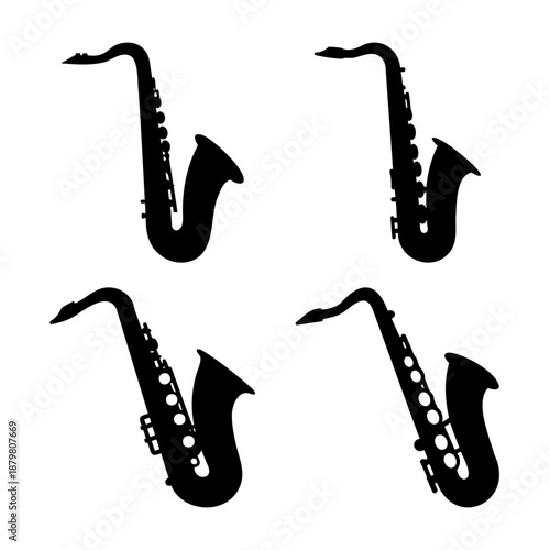 Four classic saxophone silhouettes in a minimalist black and white design for musical themes