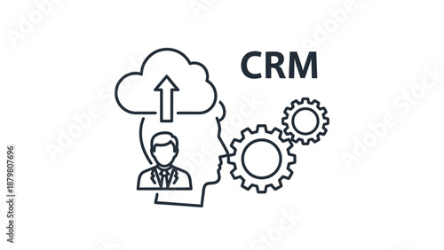 Business professional uploading data to cloud storage with gears representing customer management system