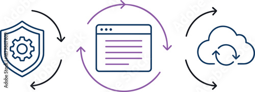 Data synchronization workflow illustration with security shield web application and cloud computing integration arrows modern vector design