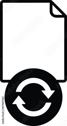 Document outline with a black circular refresh icon for file synchronization system updates and data recovery processing symbols.