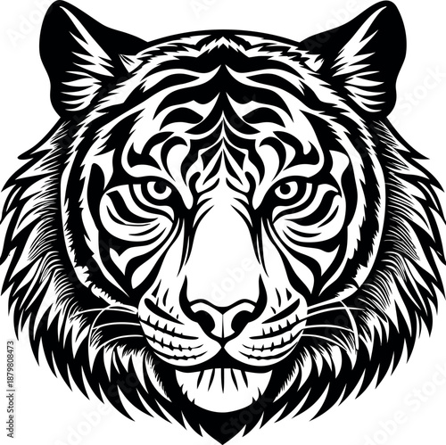 Stylized Tiger Head Vector Illustration with Tribal Black and White Line Art