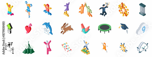 Dynamic Success and Achievement Isometric Icon Set: Concepts of Victory, Energy, Celebration, Business Growth, and Positive Attributes.