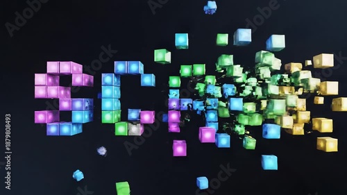 A captivating visual representation of digital data transformation featuring an array of vibrant glowing pixelated cubes that initially form a recognizable word before dynamically dissolving and scat.