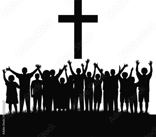 Christian, worship, community, silhouette, group, people, raising, hands, under, cross, faith, church, praise, prayer, belief, spirituality, religion, unity, hope, devotion,