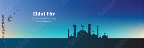 Eid al-Fitr Mubarak celebration with lanterns, crescent moon, and mosque silhouette
