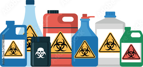Colorful chemical containers with biohazard warning symbols, hazardous waste bottles illustration, industrial toxic liquids storage, laboratory safety concept 