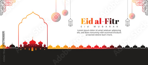 Eid al-Fitr Mubarak celebration with lanterns, crescent moon, and mosque silhouette
