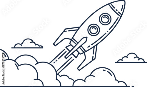 Rocket launch outline illustration showing startup growth business success space exploration concept minimal line art isolated vector design