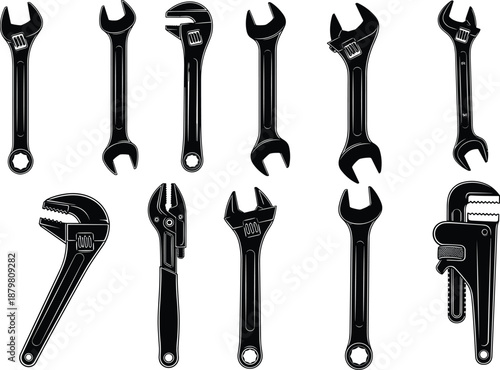Set of adjustable wrench and spanner tools silhouette icons isolated on white background industrial repair hand tool vector illustration