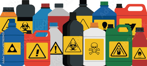 Colorful chemical containers with hazard warning symbols, toxic biohazard labels, industrial cleaning products bottles, dangerous substances storage concept, flat vector illustration design