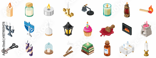 Isometric icon set of ambient light sources, candles, incense, diffusers, and celebratory objects, including menorah, lanterns, and ritual items.