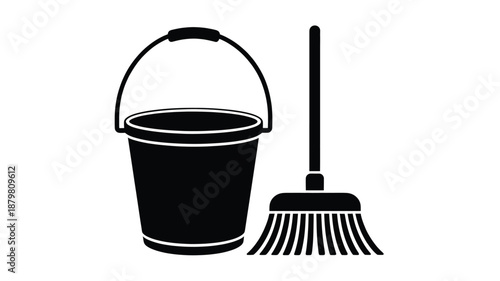 Cleaning essentials: classic bucket and broom silhouette for household chores and maintenance Vector
