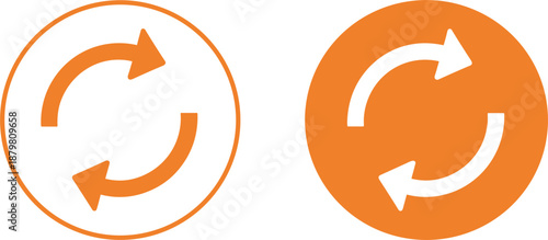 Orange circular sync icons featuring rotating arrows in outline and solid styles for data transfer and refresh symbols.