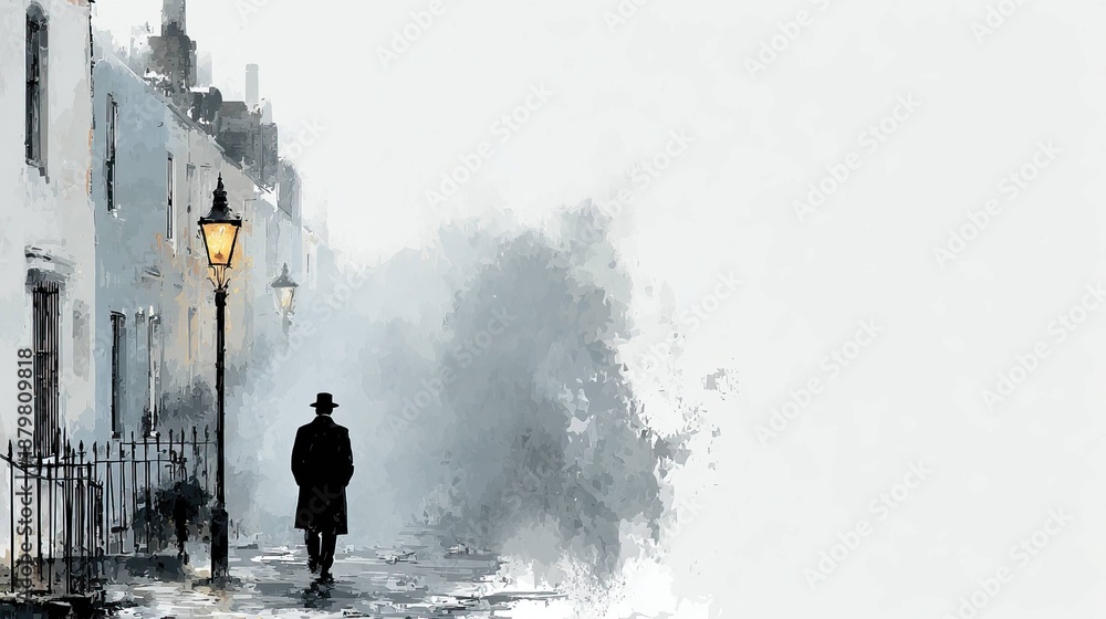 Obraz premium Cinematic Watercolor Illustration of Lone Man in Historic City with Fog and Reflections