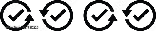 Refresh checkmark icons set representing successful update synchronization confirmation process cycle minimal black vector illustration