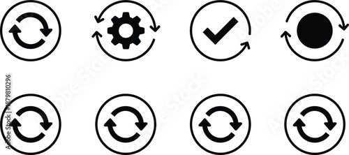 Refresh status icons set including sync gear check and progress symbols representing update process minimal black vector illustration