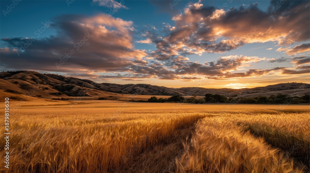 Fototapeta premium Sunset over golden fields with clouds in the sky and hills in the background