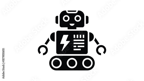 Simple black robot icon with a lightning bolt symbol representing artificial intelligence and automation Vector