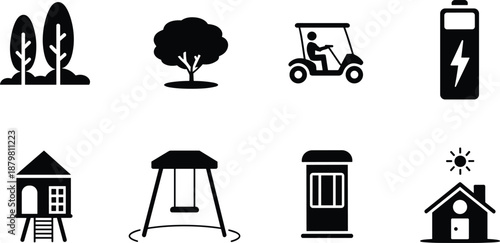 Park icons set, playground, tree, golf cart, battery, house, swing, cabin symbols, black vector illustration collection
