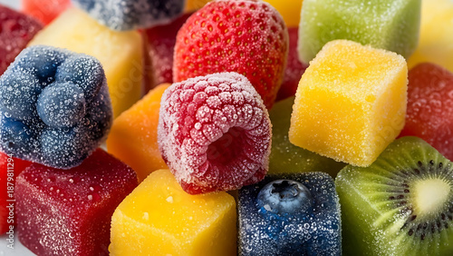 Assortment of frozen fruit cubes and berries covered in ice frost